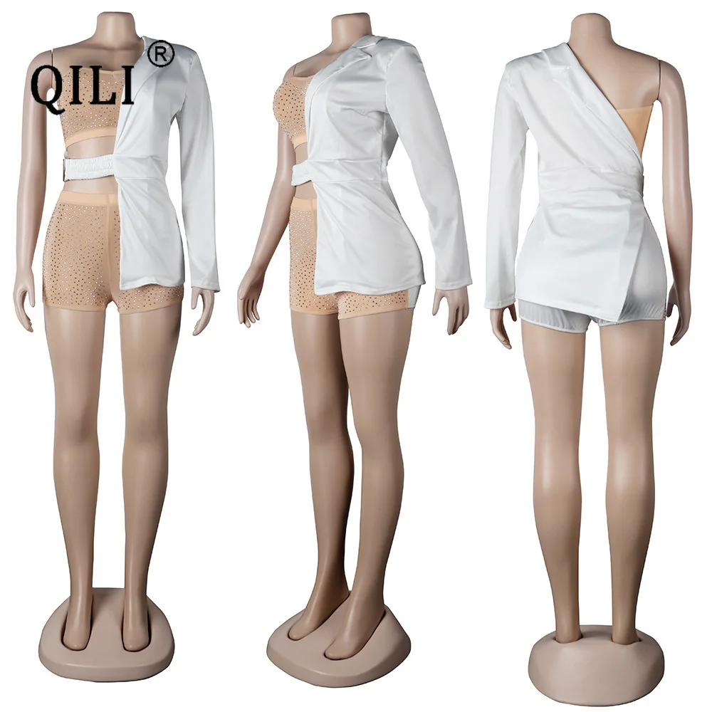 QILI-Diamonds Mesh Short Set for Women, One Shoulder, Sexy Top, Shorts, Suit, Matching Outfits, New Style