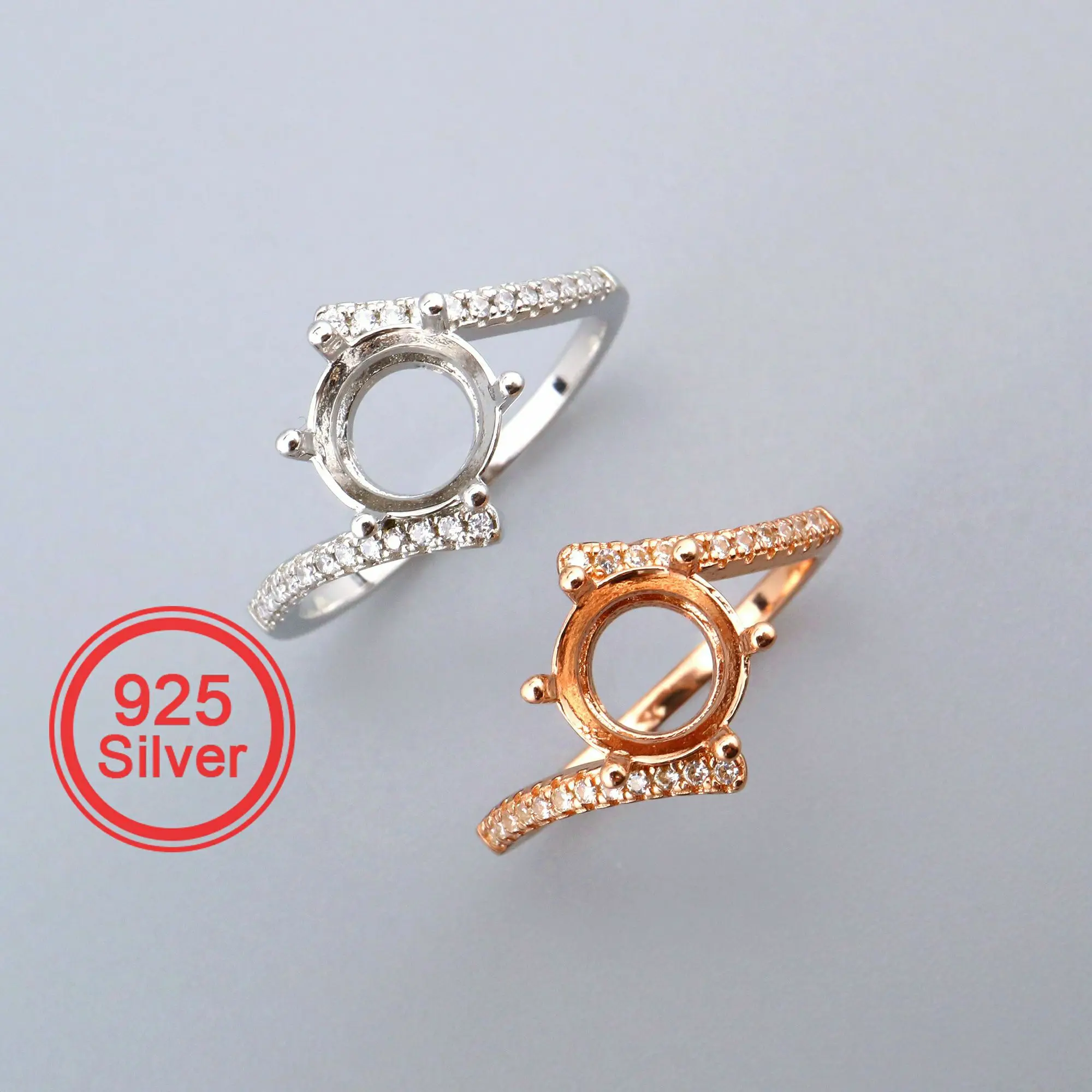 8MM Round Prong Ring Settings Bypass Shank Solid 925 Sterling Silver Rose Gold Plated Set Size DIY Ring Bezel 1210102