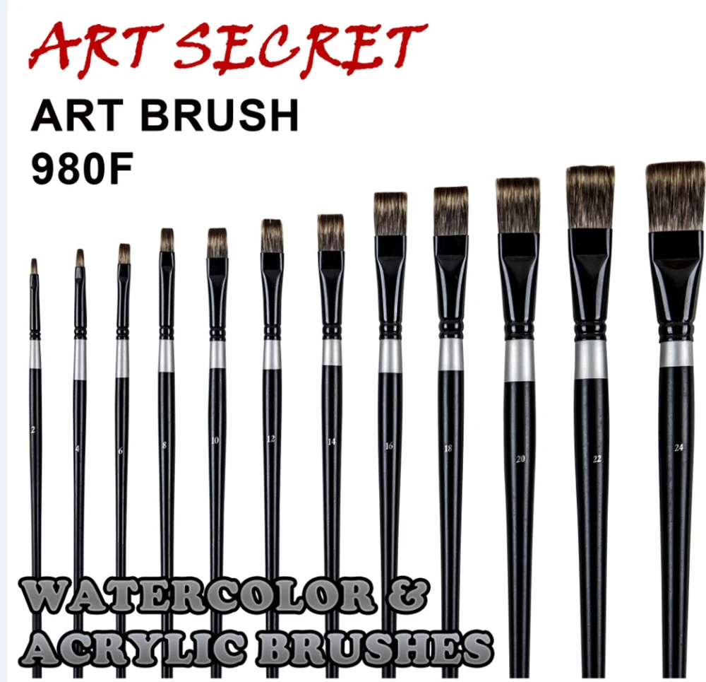 Artsecret 980F Acrylic Single Oil Paint-Brush Flat Hair Long Rod Watercolor Chalk Aquarelle Gouache Cloth Painting