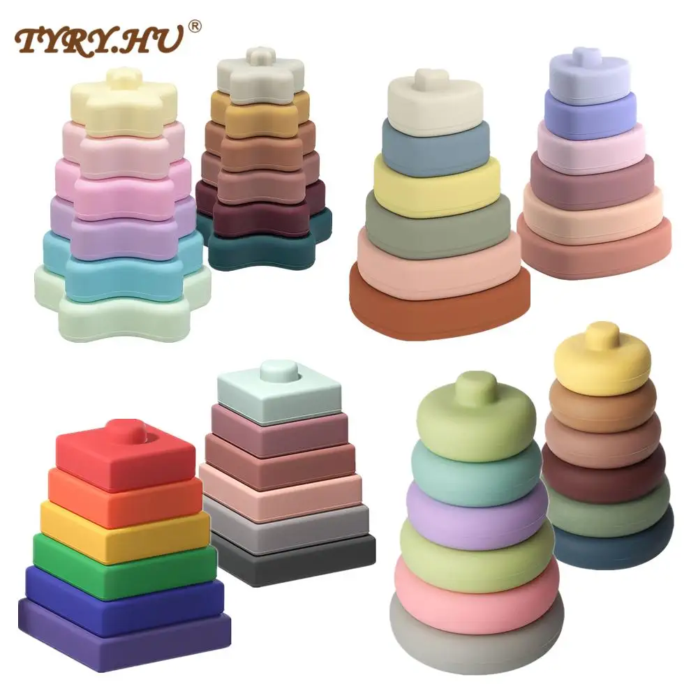 TYRY.HU 1set Baby Teether Building Blocks Silicone Stacking Blocks Toy Round Shape Silicone Construction Teethers Montessori Toy