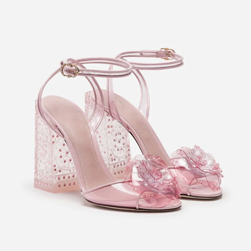 Pink Flower Clear PVC Sandals for Women Chunky High Heel Lady Bridal Wedding Shoes on Heels Transparent High Heels Plus Size