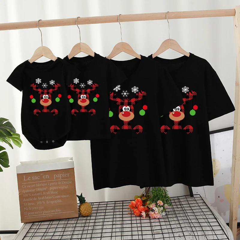 Christmas Deer Family Matching Clothes Daddy Mommy Brother Sister Girls Birthday T shirts Funny Family Look Party Tees Tops 1pc