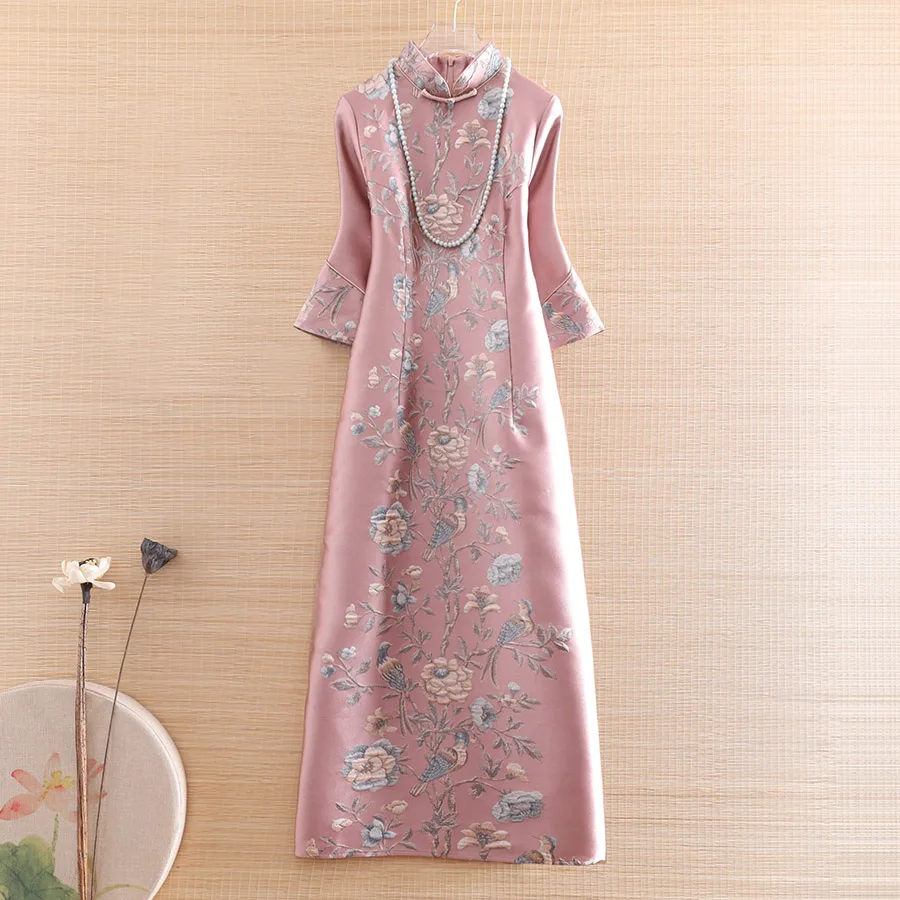 Chinese Style Jacquard High-end Autumn Women Vintage Royal Dress Cheongsam Ethnic Elegant Lady Party Qipao Dress S-XXL