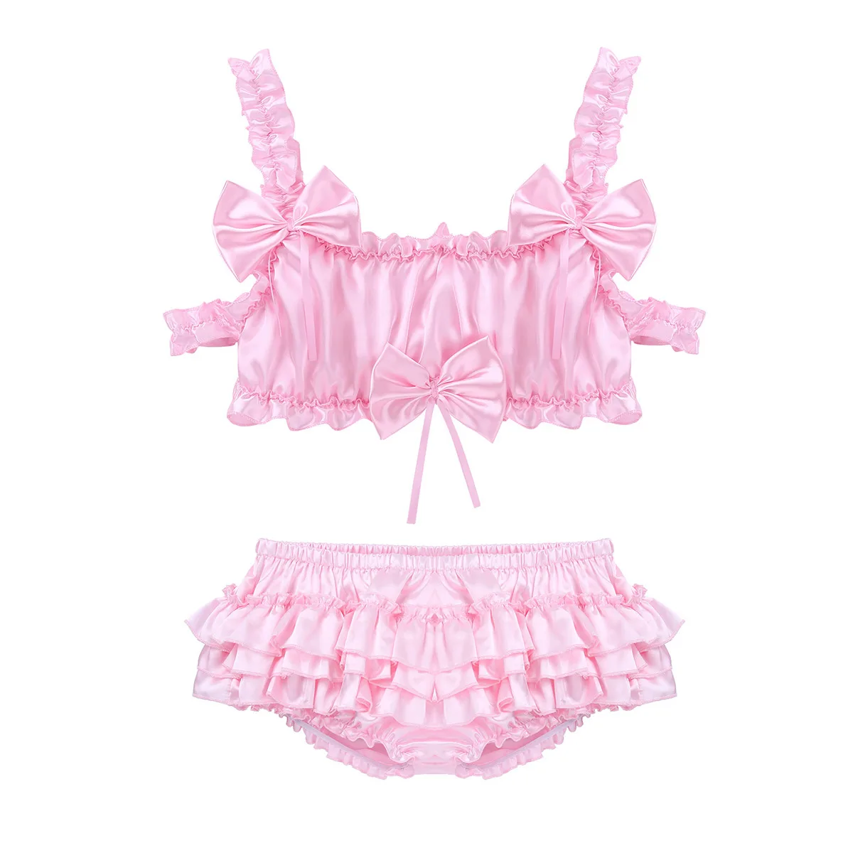 Men Sissy Satin Lingerie Set Ruffled Frilly Straps Wire-free Bra Top With Bloomer Tiered Skirted Panties Male Sexy Underwear