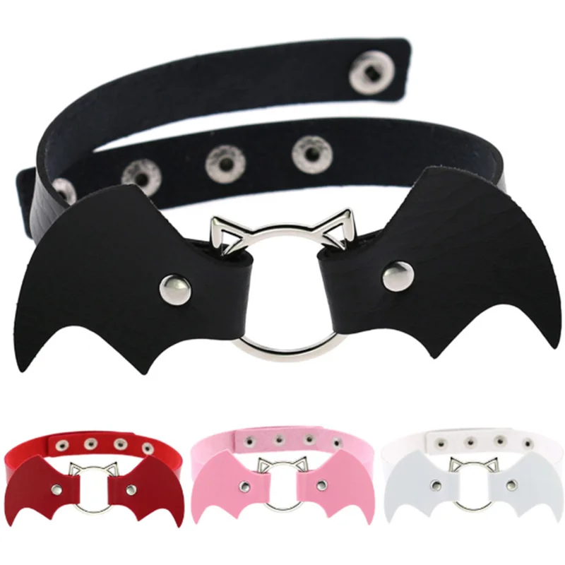 DIEZI Vintage Punk Gothic Harajuku Cosplay Black White PU Leather Bat Choker Necklace For Women Men Statement Necklaces Jewelry