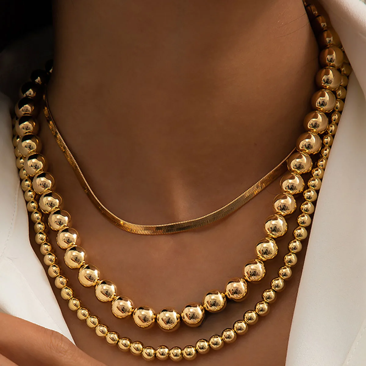 

Multilayer Flat Snake Chain Necklace Women Vintage Acrylic Gold Color Metal Beads Beaded Necklaces Girls Party Fashion Jewelry