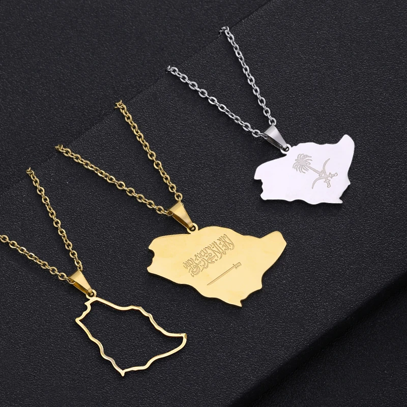 New Saudi Arabia Map Flag Pendant Necklace Stainless Steel Gold Silver Color Arab Emblem Symbol Ethnic Jewelry Patriotic Gift