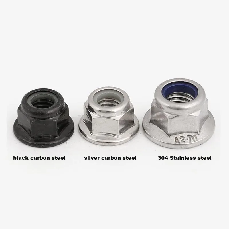 2/5/10pc M3 M4 M5 M6 M8 M10 M12 Black Carbon 304 A2 Stainless Steel Hex Flange Nylon Insert Lock Nut Self-locking Nylock Locknut