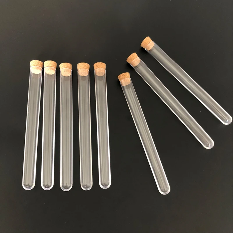 50 pieces/lot 12*60 13*78 12*100 15*100 All Sizes Plastic test tube with Cork Cap Transparent Hard Plastic tubes