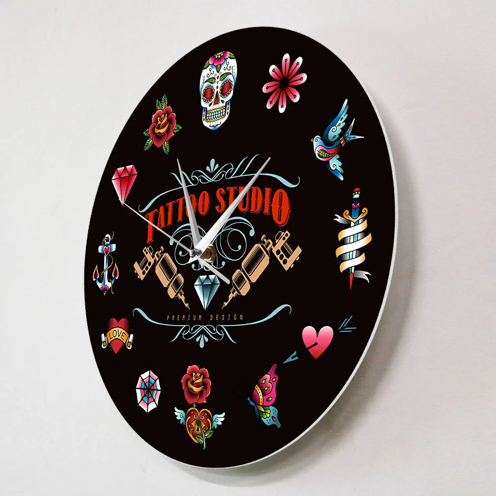 Tattoo Studio Premium Design Black Modern Wall Clock Non ticking Vintage Style Hipster Men Salon Studio Tattooist Artist Gift