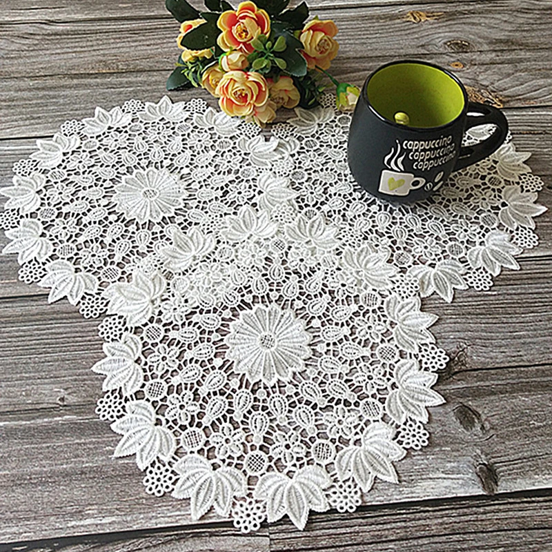 Modern White Lace Round Embroidery Table Place Mat Christmas Pad Cloth Placemat Cup Mug Dining Tea Coaster Coffee Doily Kitchen