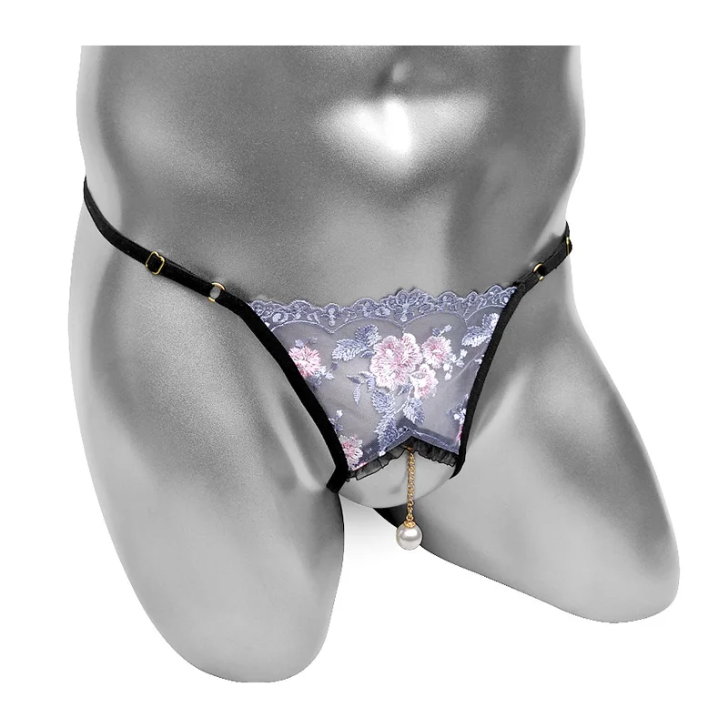 Funny Sissy Thong Panties Pendant Pearl Mens Sheer Underwear Low Rise Bikini Embroidery Lace G String Open Crotch