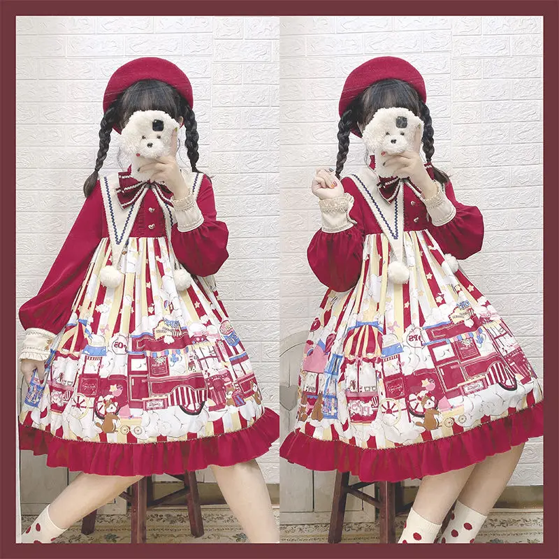 Vestido vermelho lolita com babados para meninas, princesa Op, manga comprida, estilo japonês, roupa kawaii, roupa vintage, ano novo, doce