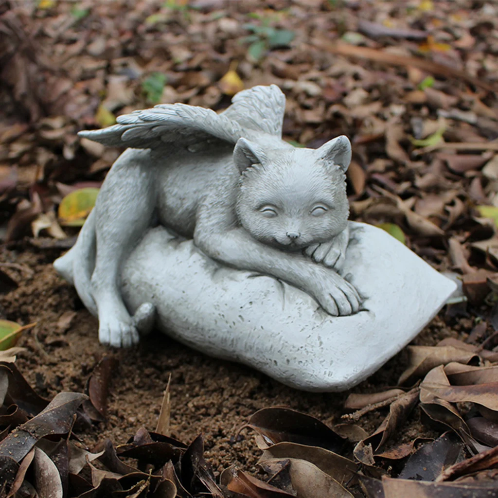 Angel Cat with Garden Statue, Sleeping Kitten Decorative Memorial Gift, Home Outdoor Yard Lawn Figurine Home Decor