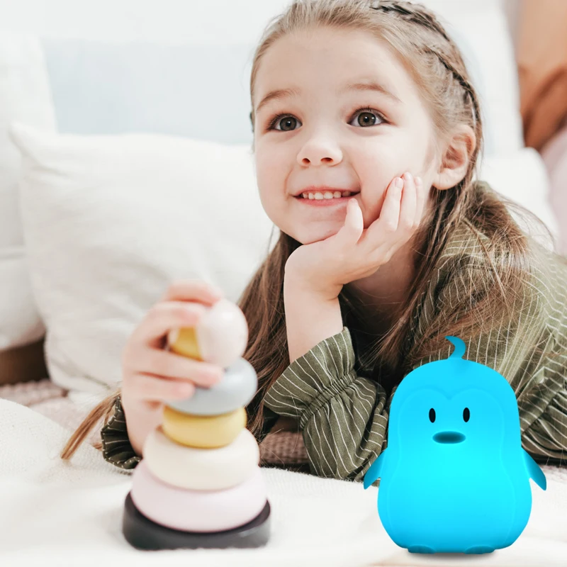 Silicone Penguin Night Light com Sensor de Toque, Controle Remoto, Temporizador Regulável, USB Recarregável, Lâmpada LED para Crianças, Baby Gift, 9 Cores