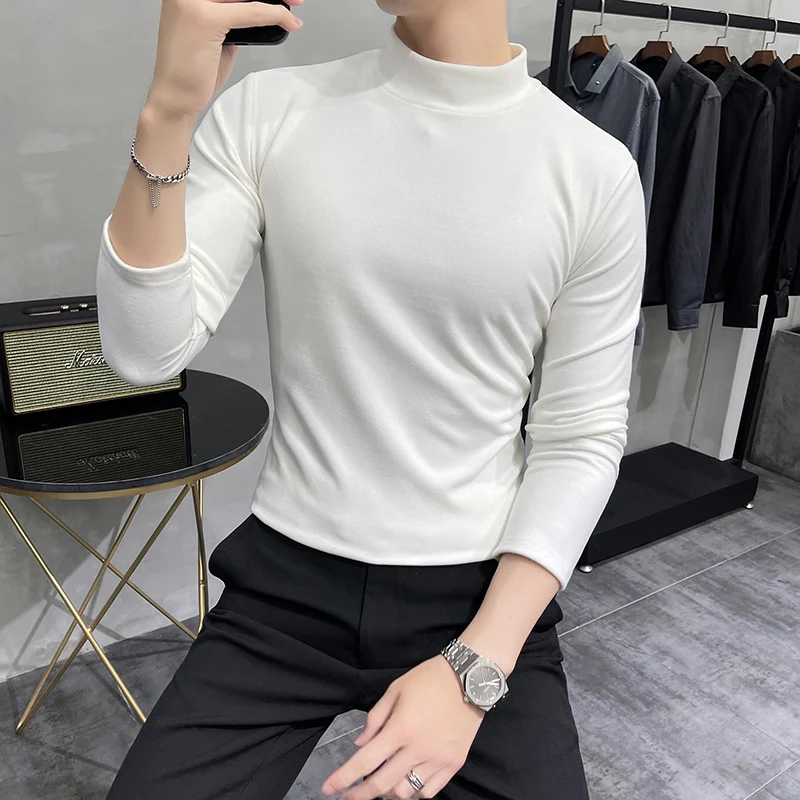 

Stylish Turtleneck Velvet Long Sleeve T-shirts Slim Fit Blue Elegant Mens Winter Tops White Plush Blouse England Pullover Jumper