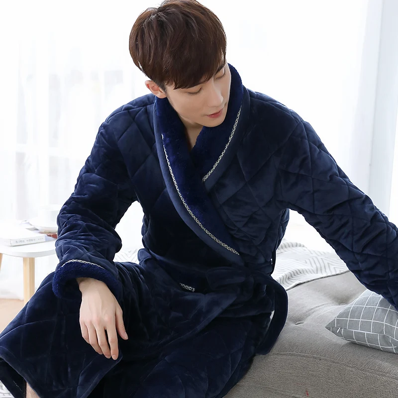 Winter Long Robe For Male Three Layers Quilted Bathrobe Thick Flannel Sleepwear Big Yards XXXL Kimono Bathrobes Mens Warm Lounge