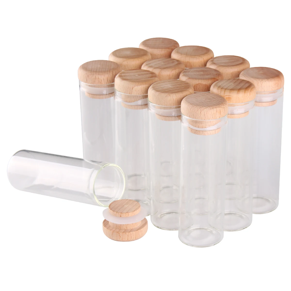 12pcs 45ml 30*90mm Clear Glass Bottles Jar Vials Terrarium with Wooden Lids Spice Message Bottles for DIY Art Crafts