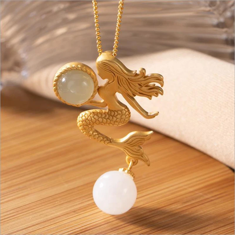 Natural Hetian Jade Mermaid Pendant Necklace Chinese Style Retro Unique Ancient Gold Craft Charm Women Silver Jewelry