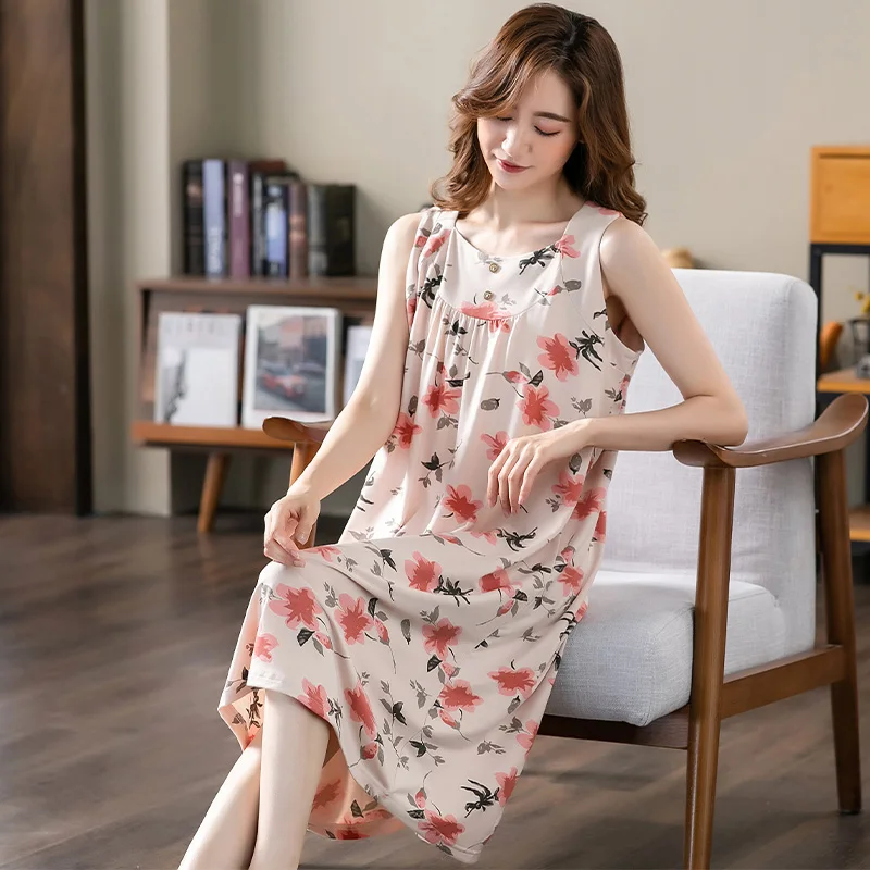 

Summer Vest Floral Night Dress Women Nightgown Big Yards 3XL Sleepshirts Sleeveless Nightie Nightdress Modal Cotton Sleepwear