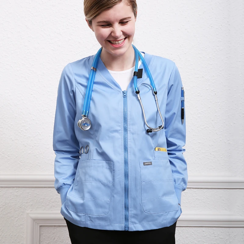 Scrub Jacket Unisex Workwear Outercoat Nurse Working Uniforms Light Weight Knitted Cuffs Zipper Front Tunic 19JK001