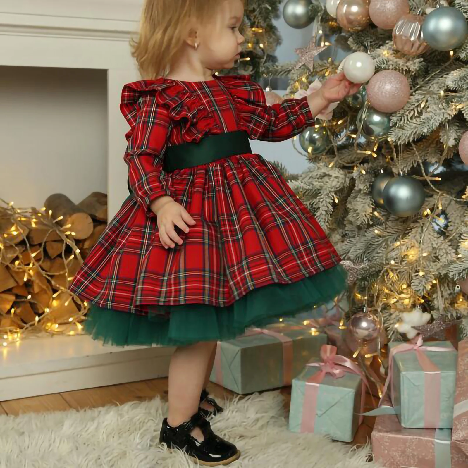 New Kids Christmas Dress Baby Girls Plaid Ruffle Long Sleeve Bowknot Tutu Dress Party Princess Children Girls Clothes