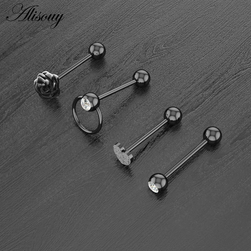 Alisouy 1pc Heart Flower Zircon Ball Stainless Steel Tongue Barbell Piercing Thread Unisex 14G Labret Lip Rings Bar Body Jewelry