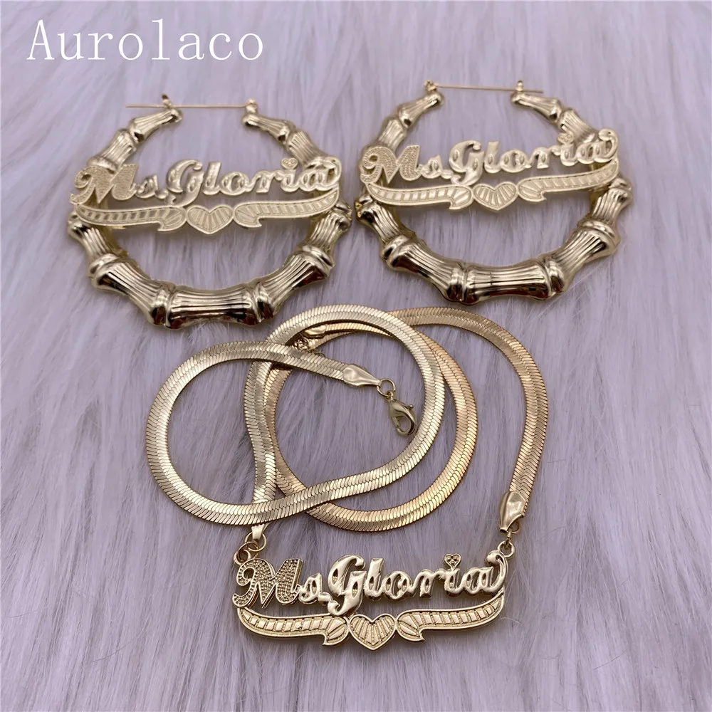 Imagem -04 - Aurolaco Nome Personalizado Conjunto de Jóias 3d Dupla Placa de Identificação Colar Cobra Corrente Brincos de Nome Personalizado para as Mulheres Presentes do Feriado Atacado