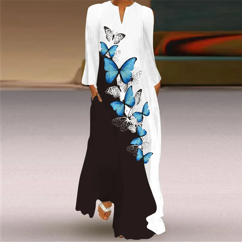 Butterfly Printing Women Sundress 2023 Spring Vintage  Long Sleeve V-neck Maxi Dress Elegant Ladies Long Dresses Female Vestidos