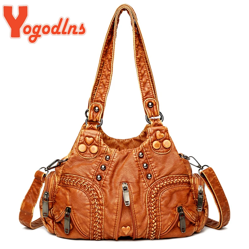 Yogodlns Vintage Soft PU Leather Shoulder Bag Women Large Capacity Handbag Fashion Crossbody Bag Stitching Color Handle Bag sac