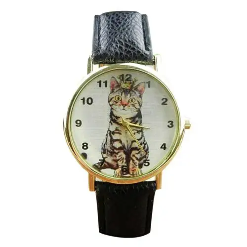 Lovely Cat Arabic Numerals Dial Faux Leather Band Analog Quartz Wrist Watch