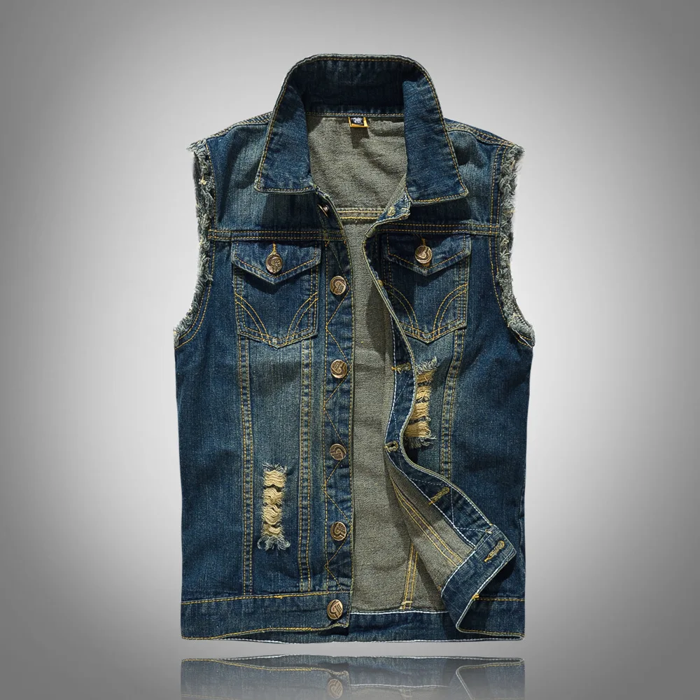 

Summer Denim Vest Sleeveless Jackets Men Washing Cotton Casual Vest Male Fashion Holes Men's Motorcycle Waistcoat Chaleco Hombre