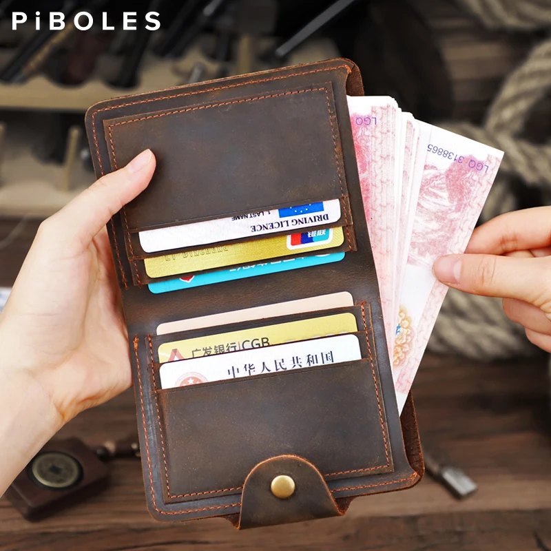 Retro Genuine Leather Men's Wallet Handmade Cow Leather Short Wallet Credit Card Slot Money Purse Organizer ID Cards Pouch