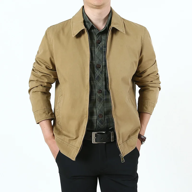 

2023 Autumn Jacket Men Turn Down Collar Big Size Zipper Outfit Brand Middle-aged Businessman Classic Casual Jackets Plain Color