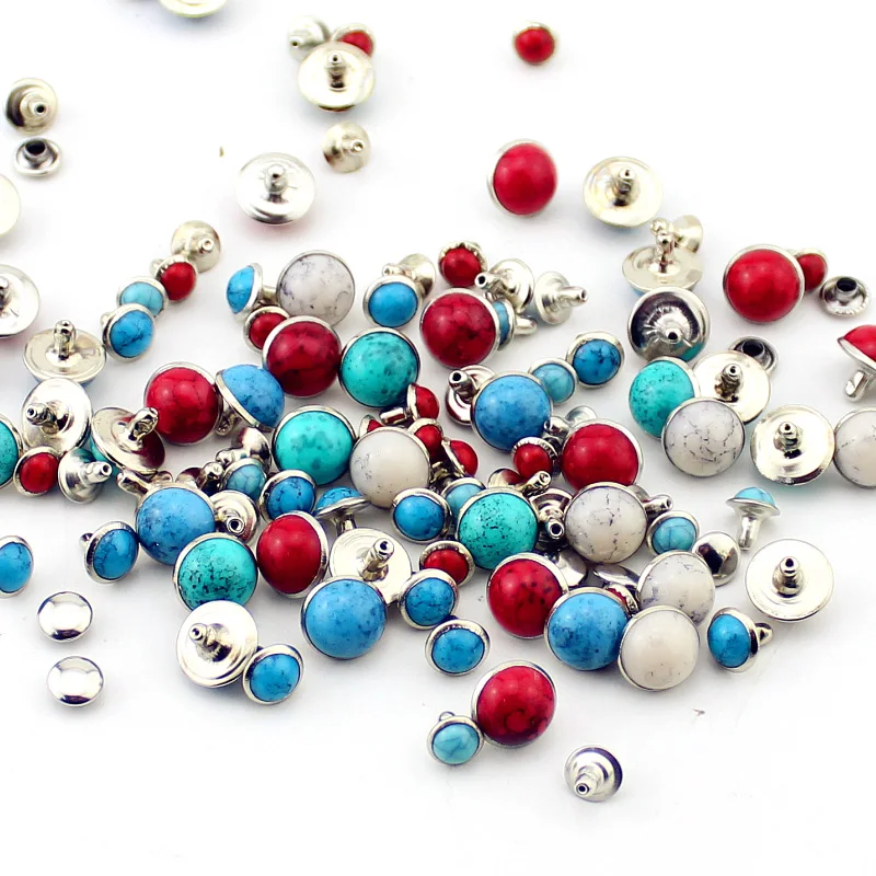 New Fashion 100sets/Lot Acrylic Turquoise And Brass Rivets For Leather Studs And Spikes For Clothes Bags DIY Accessory