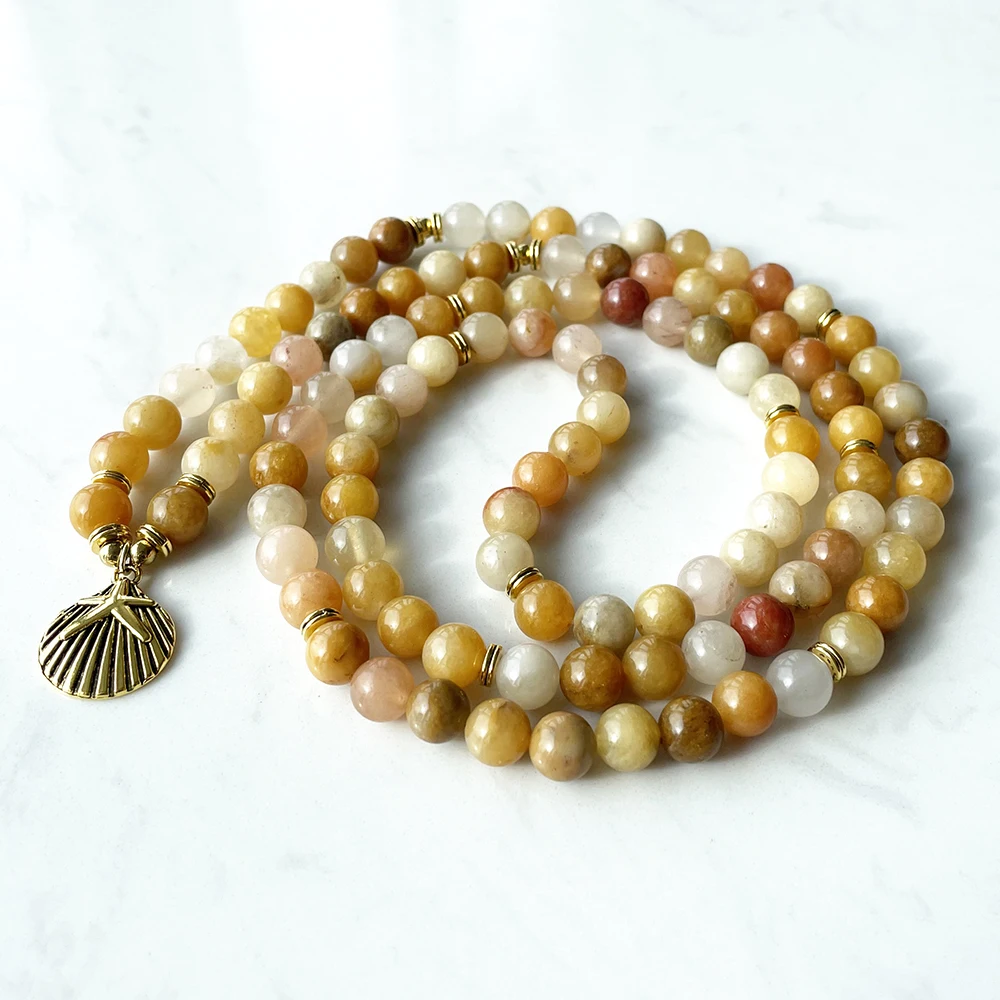 Ruberthen Natural Yellow Agate 108 Mala Bracelet New Design Women`s Yoga Spiritual Mala Necklace High Quality Starfish Jewelry