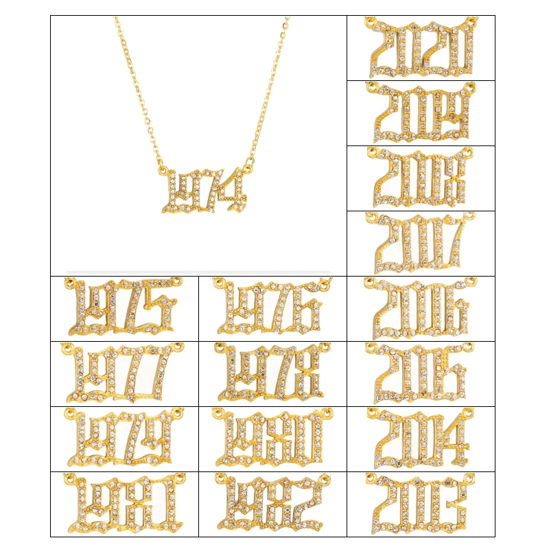 1974-2020 Year Of Birth (Diamond) Zircon Necklace For Women Men Stainless Steel Jewelry Number Pendant Gold Chain Choker Gift