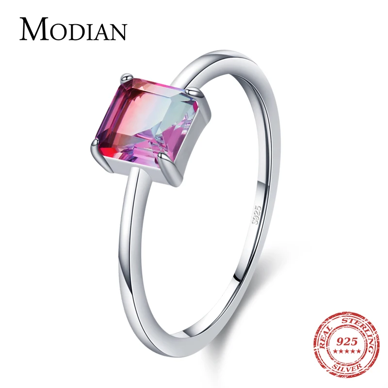 Modian 100% 925 Sterling Silver Emerald Cut Romantic Square Rainbow Color Tourmaline Finger Ring For Women Statement Jewelry