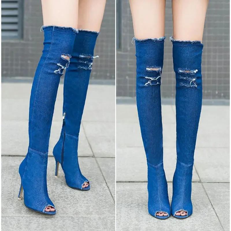 Fashion Autumn Women High Heels thigh high boots Female Shoes Hot Over The Knee Boots Peep Toe Cowboy Boots Denim shoes 785