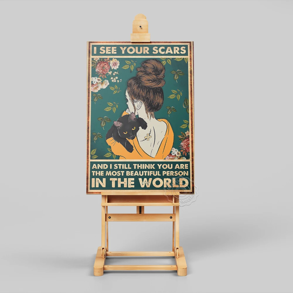I See Your Scars Poster, Black Cat Prints, Lady Cat Wall Picture, Be Kind To Yourself Wall Stickers, Best Friend Birthday Gift