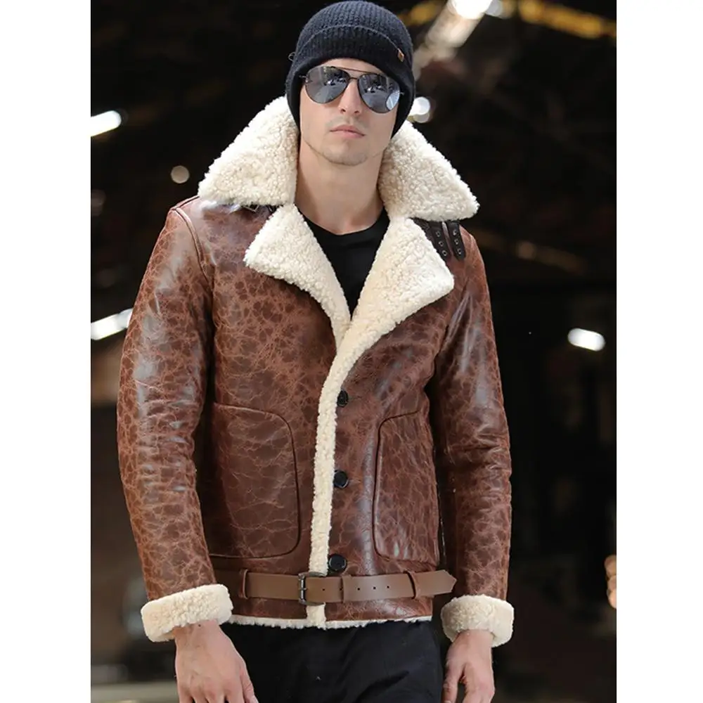 Denny&Dora New Mens B3 Shearling Jacket Sheepskin Coat Short Leather Jacket Mens Fur Coat Suit Collar Thick Warm Fur Jacket