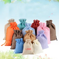 50pcs/lot 8x10cm Drawstring Burlap Jute Sackcloth Linen Bags & Pouches For Christmas Gift Packaging Bag Can Custom Logo