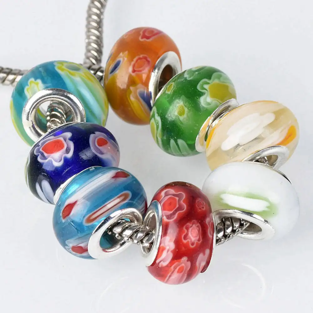 Random Mixed 14x9mm Round Millefiori Lampwork Glass Big Hole Beads for Jewelry Making European Charms Bracelet DIY 10pcs