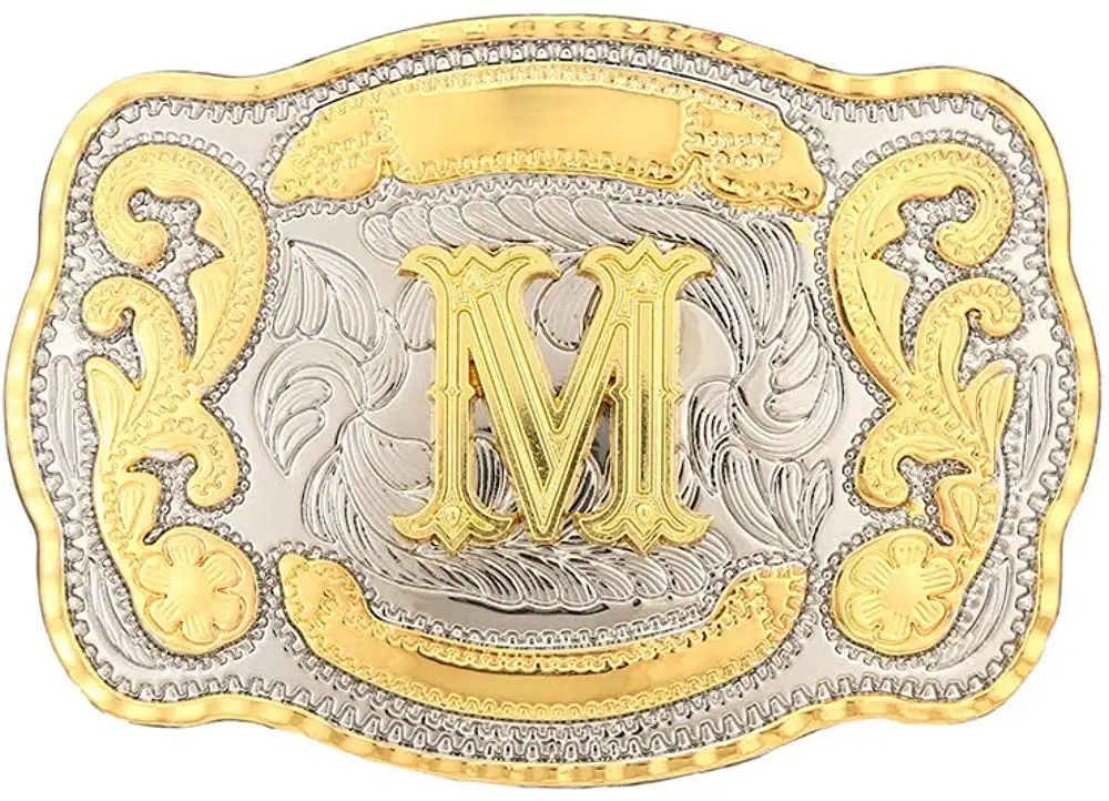 

Custom Rectangle gold Western Belt Buckle Initial Letters ABCDMRJ to Z Cowboy Rodeo Small Gold Belt Buckles for Men Women