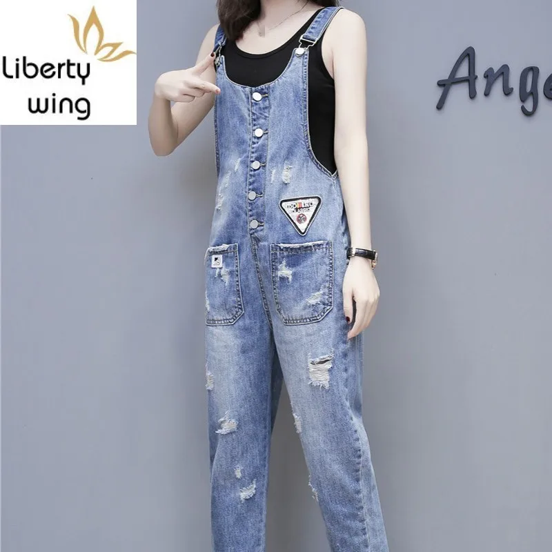 Spring Fashion New Straps Jumpsuit Women Preppy Style Ripped Hole Loose Denim Overalls Casual High Waist Playsuits Rompers Jeans