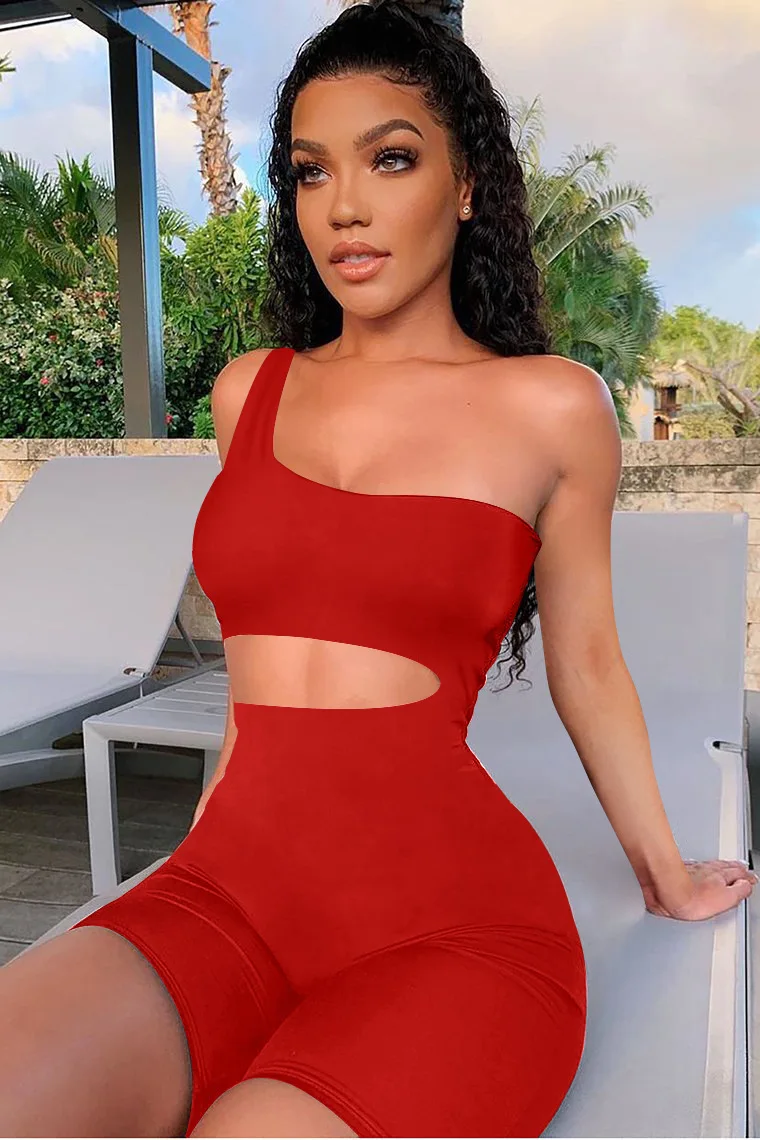 Sexy Solid Hollow Out Short Jumpsuit Skew Collar Sleeveless Side Hole Playsuits Night Club One Piece Fashion Outdoor Streetwear