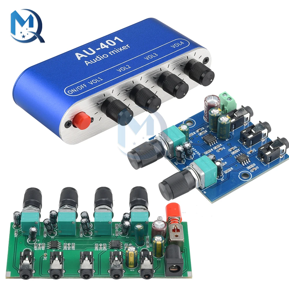 DC5-12V AU-401 2/4 Channel Audio Signal Mixing Board Module  Stereo Output Audio Mixer Drive Headphone Amplifier Board + Shell