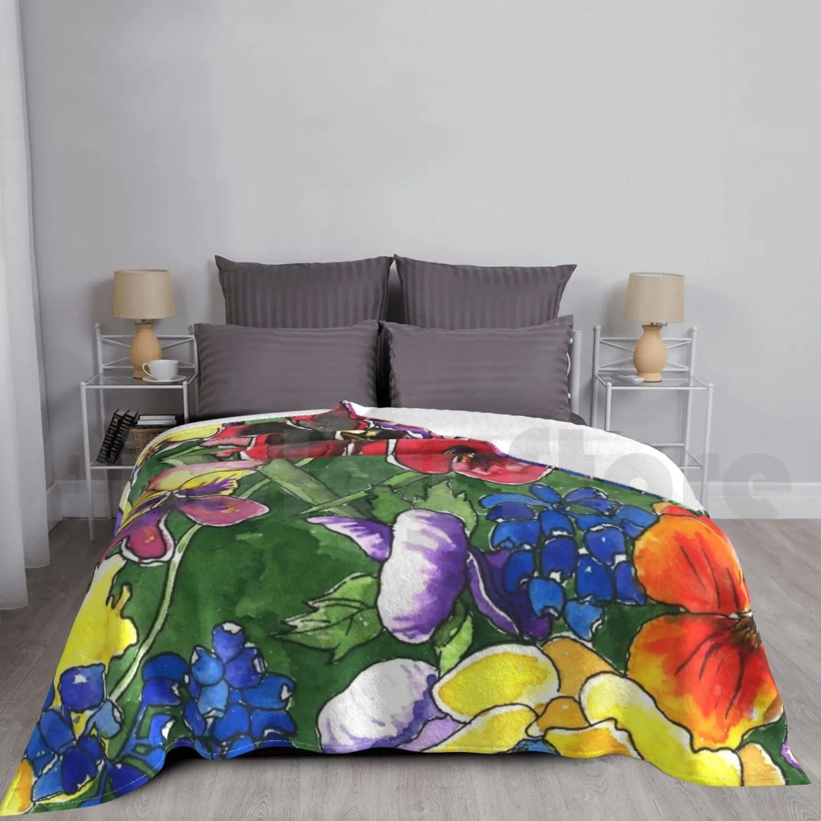 Pansies Blanket Fashion Custom Watercolor Ink Pansy Pansies Flowers Floral Garden Seasonal Holiday Colorful