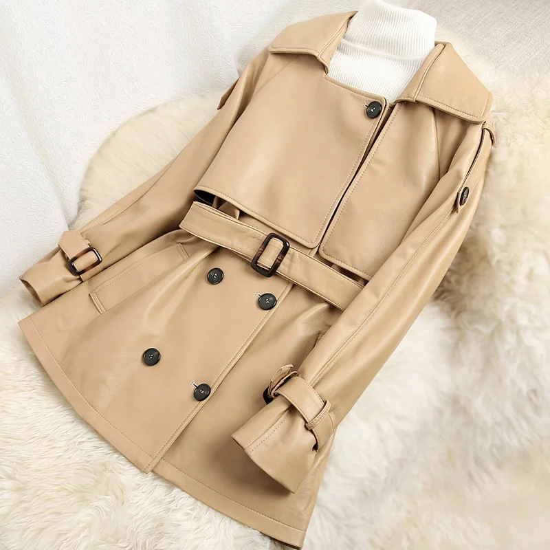 Engeland Stijl Vrouwen Hoge Kwaliteit Echt Lederen Riem Trenchcoat Chic Elegante Ol Schapenvacht Real Leather Overjas C279