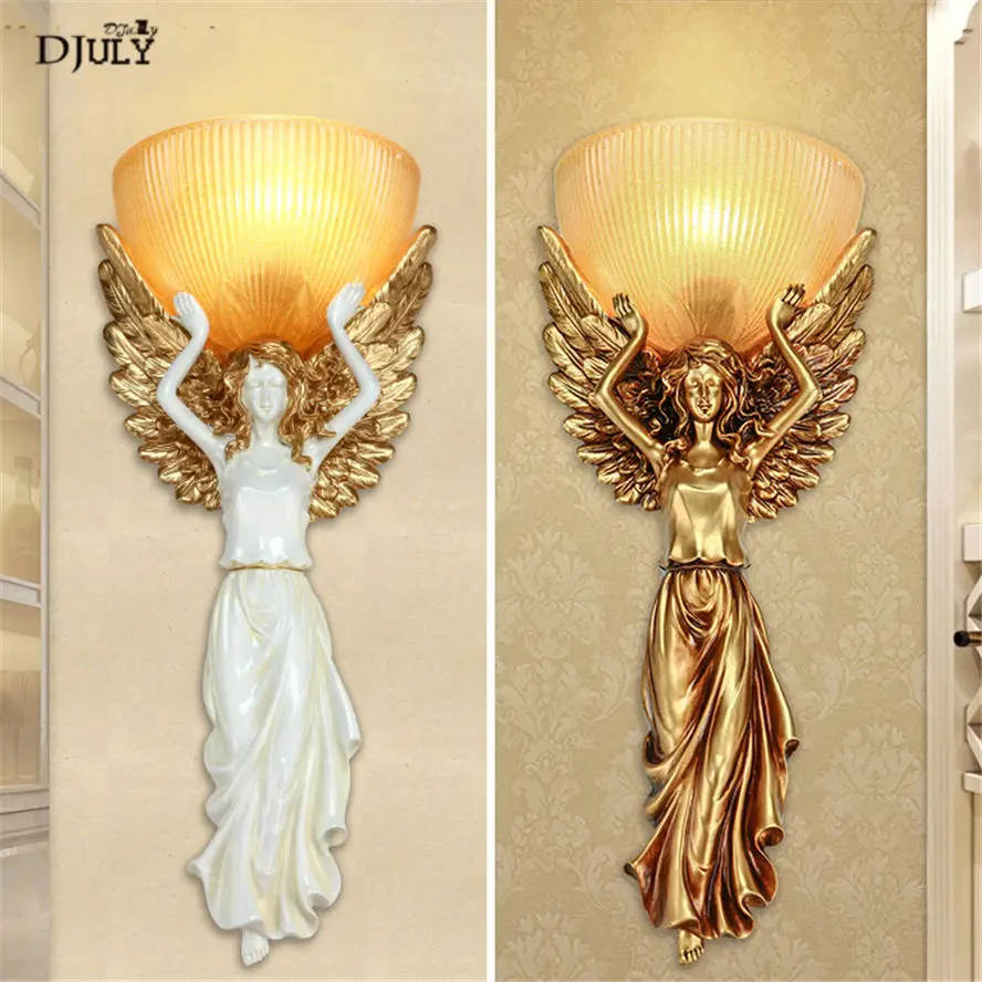 European resin glass Angel goddess wall lamp for living room tv background classic art deco lighting fixture retro sconces light